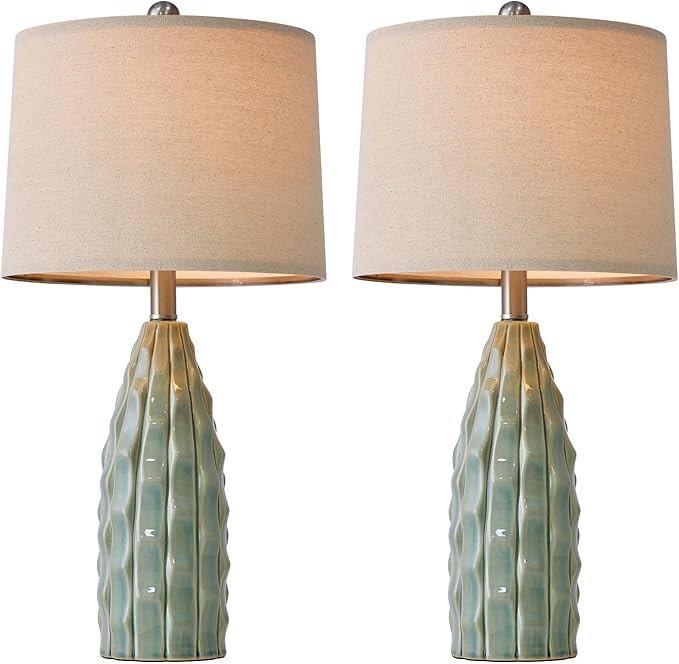 Ceramic Table Lamps Set of 2, 23.75" Modern Farmhouse Bedside Lamp - Green Nightstand Lamps for Bedroom, Boho Living Room End Tables, Small Office Desk Lamp Decor
