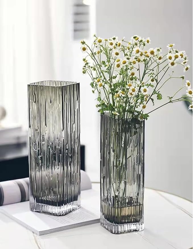 Modern Minimalist Glass Square vase, Crystal Glass vase, vase, Dry vase (Grey)