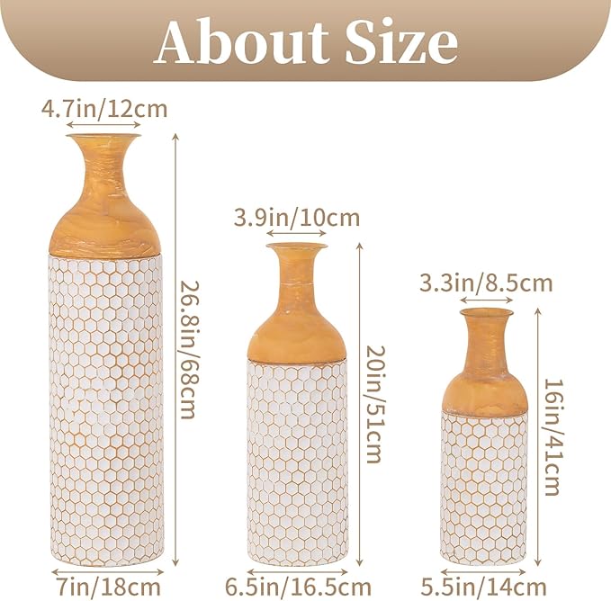 Sziqiqi Rustic White Floor Vases Set of 3-27/20/16in Metal Extra Large Vase for Dried Flowers Shabby Chic Oversized High Vases Standing Antique Terracotta Farmhouse Vase for Pampas Grass Twigs Wicker