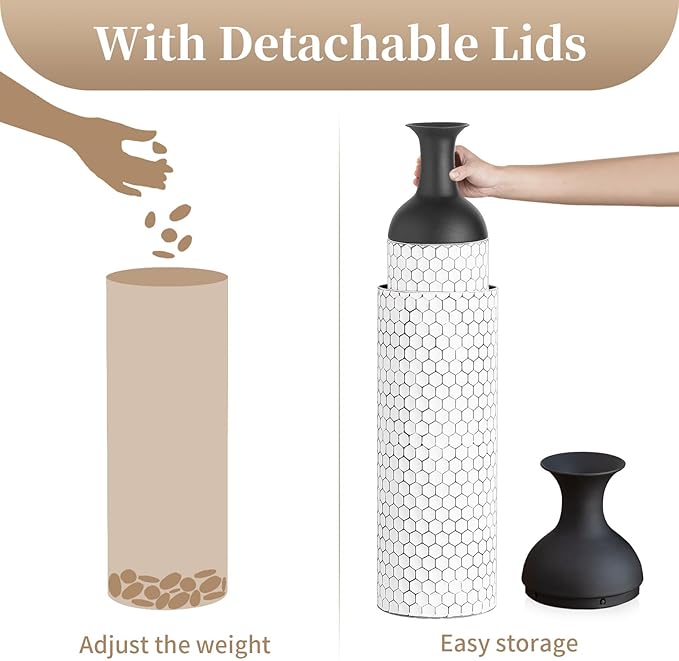 Sziqiqi Floor Vases Decorative Tall: 27in Black and White Large Metal Floor Vase Set of 3 Modern Honeycomb Texture Big Standing Vase for Living Room Dining Bedroom Home Corner Hallway Indoor Office