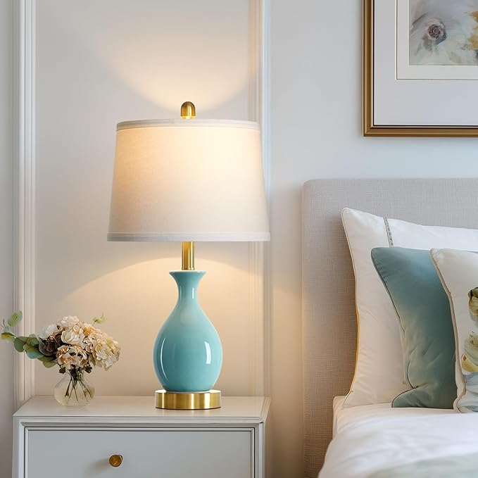 24" Bedroom Table Lamps Set of 2, Modern Classic Ceramic Lamps for Living Room, Small Bedside Table Lamp for Nightstand or End Table, Aqua Blue (2 LED Bulbs Included)