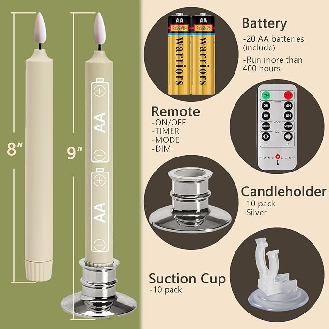 10 Pack Window Candles + 20 AA Batteries(Include, Run More Than 400 Hours) + Silver Candleholders + Suction Cups, 8'' Tall. IVORY LED Battery Powered Candle. 3D Flickering Wick, Timer Function