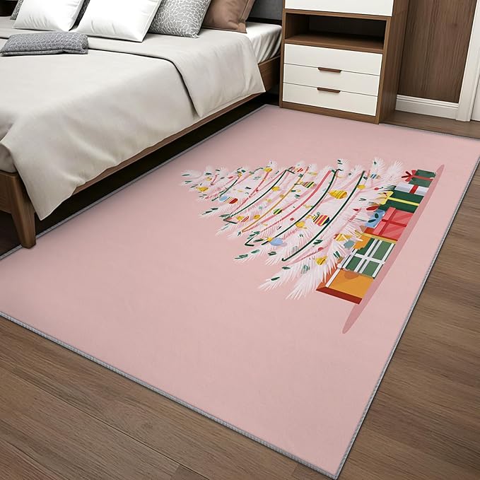 Christmas Tree Area Rug, 5x7 Rug for Bedroom, Girls Pink Christmas Holiday Washable Rugs for Living Room, Non Slip Soft Low Pile Stain Resistant Carpet, Kids Xmas Room Decor