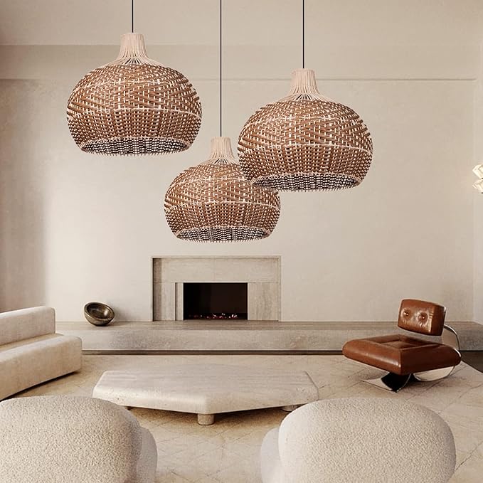 Arturesthome 19.68" Wicker Chandelier Coffee,Boho Basket Rattan Pendant Lighting Fixtures,Large Natural Woven Hanging Ceiling Lights Lamp Shade for Kitchen Island