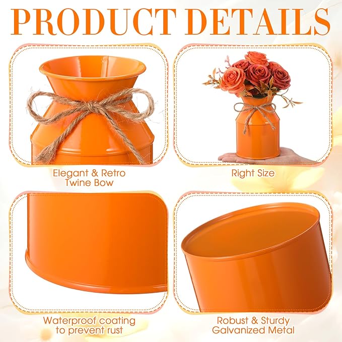 Domensi 5.12 Inch Farmhouse Metal Flower Vase Decor Rustic Galvanized Milk Can Jug Vase with Bow Flower Buckets for Table Centerpiece Fall Halloween Wedding Home Dinging Room Decor(Orange,12 Pcs)
