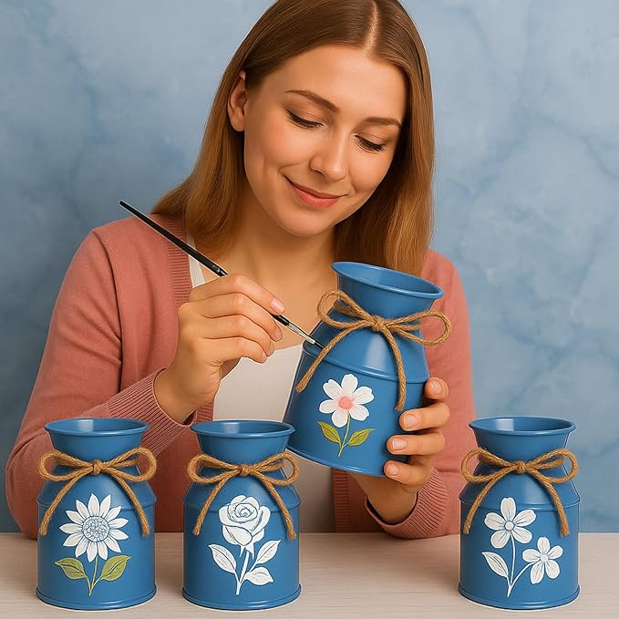 Domensi 5.12 Inch Farmhouse Metal Flower Vase Decor Rustic Galvanized Milk Can Jug Vase with Bow Flower Buckets for Table Centerpiece Fall Halloween Wedding Home Dinging Room Decor(Blue,12 Pcs)