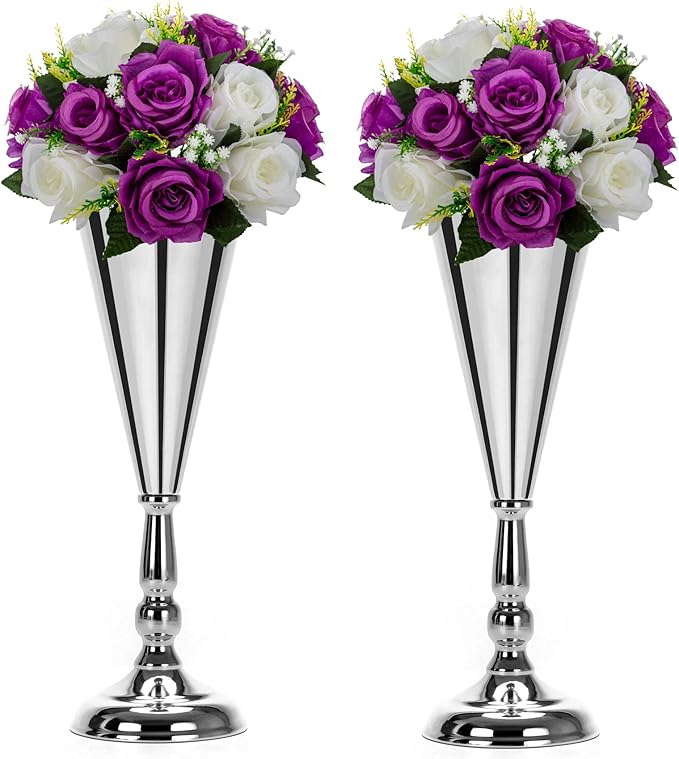 2 Pcs Metal Wedding Flower Trumpet Vase Table Decorative, Wedding Decorations for Reception, Home Decor, Large Party Event Decoration Silver