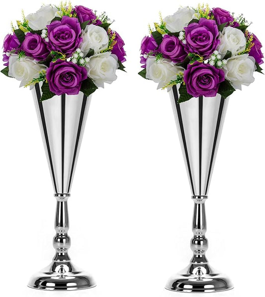 2 Pcs Metal Wedding Flower Trumpet Vase Table Decorative, Wedding Decorations for Reception, Home Decor, Large Party Event Decoration Silver