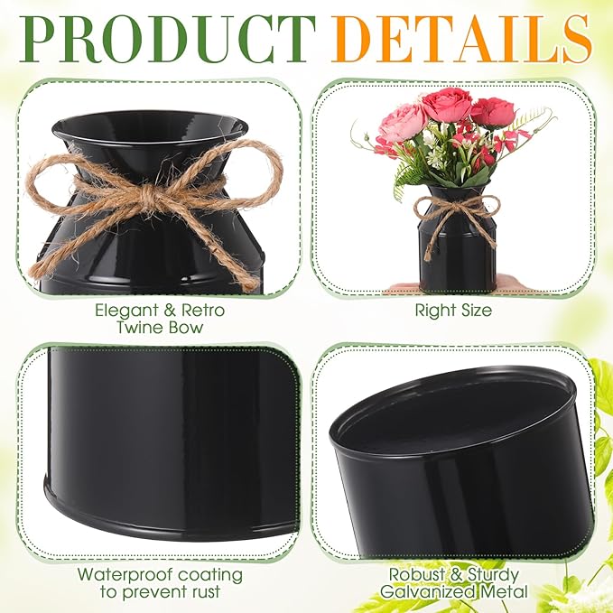 Domensi 5.12 Inch Farmhouse Metal Flower Vase Decor Rustic Galvanized Milk Can Jug Vase with Bow Flower Buckets for Table Centerpiece Fall Halloween Wedding Home Dinging Room Decor(Black,6 Pcs)