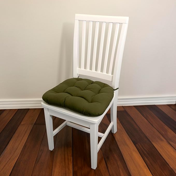 Barnett Home Decor Dining Chair Cushions with Ties – Size Medium 16.5 x 18 - Latex Foam Fill, 100% Cotton, Chair Pads for Kitchen Chairs, Made in USA (Cotton Duck Boxwood Dark Sage Green/Pack of 2)