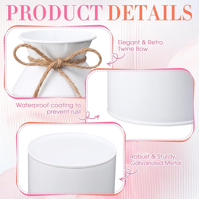 Domensi 5.12 Inch Farmhouse Metal Flower Vase Decor Rustic Galvanized Milk Can Jug Vase with Bow Flower Buckets for Table Centerpiece Fall Halloween Wedding Home Dinging Room Decor(White,12 Pcs)