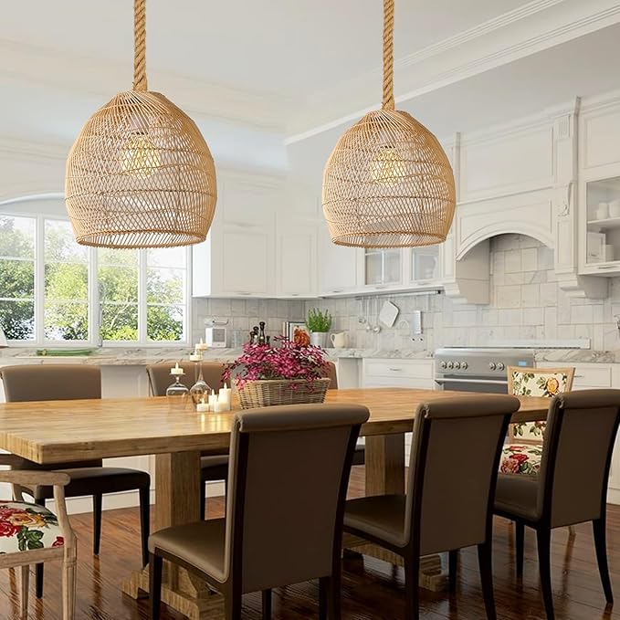 1 Light Rattan Pendant Light, Boho Coastal Wicker Chandelier, Hemp Rope 11.81''W Woven Hanging Lampshade Ceiling Lighting Fixture for Kitchen Island Bedroom Restaurants