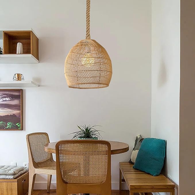 1 Light Rattan Pendant Light, Boho Coastal Wicker Chandelier, Hemp Rope 11.81''W Woven Hanging Lampshade Ceiling Lighting Fixture for Kitchen Island Bedroom Restaurants