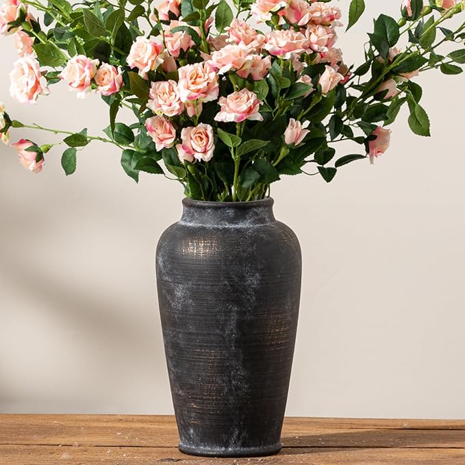 Large Ceramic Rustic Vase, 11 Inch Tall Flower Vase Rustic Farmhouse Decorative Vase Floral Pottery Vases for Home Decor Table Living Room Entryway Mantel Bookshelf Bedroom Bathroom Kitchen - Black