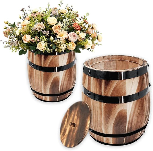 Sunmuliiiy1Pcs Wood Wine Barrel Vase 8" x 6.5" Rustic Wooden Flower Vase Rustic Barrel Barrel Planter for Wedding Reception Table Decoration Home Indoor Outdoor Garden, Kitchen, Party Table Decoration