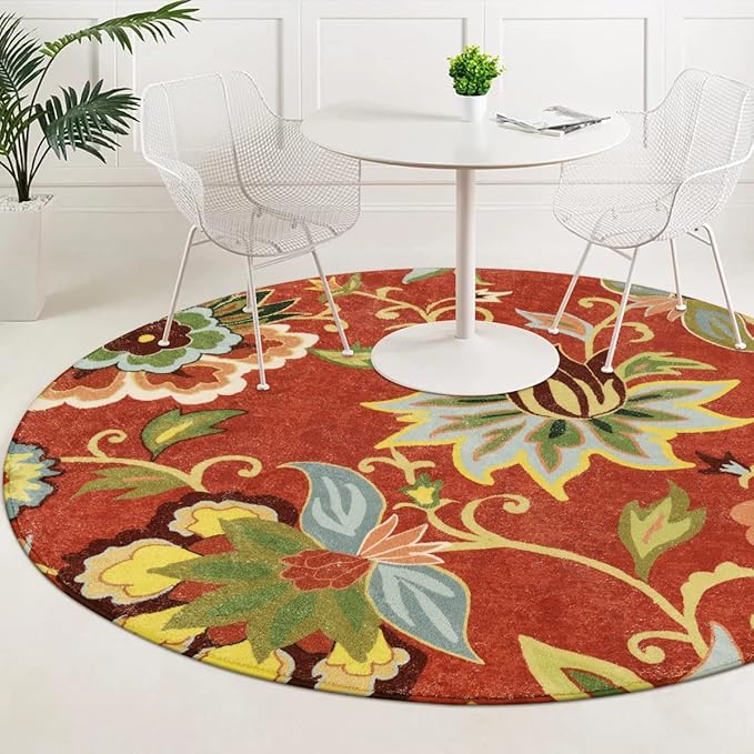 Lahome Red Floral 3 ft Round Rug, Washable Christmas Round Area Rugs Small Non Slip Entryway Mat, Throw Circle Vintage Distressed Door Mat Soft Floor Carpet for Bedroom Living Room Kitchen Office