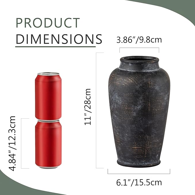 Large Ceramic Rustic Vase, 11 Inch Tall Flower Vase Rustic Farmhouse Decorative Vase Floral Pottery Vases for Home Decor Table Living Room Entryway Mantel Bookshelf Bedroom Bathroom Kitchen - Black