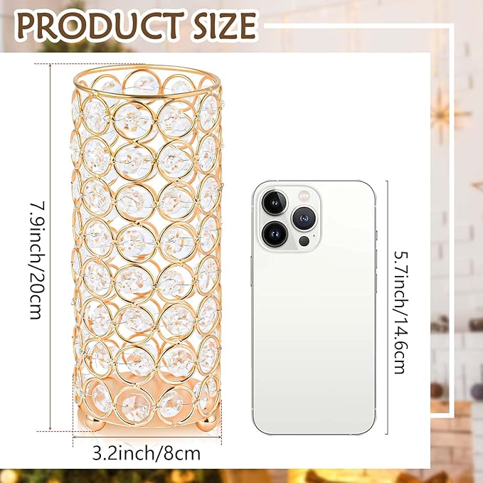 8 Pcs Crystal Metal Vase Centerpiece, 7.9" Cylinder Flower Vase and Hollow-Out Candle Holder for Wedding, Party, Home Table Decor (8, Gold)