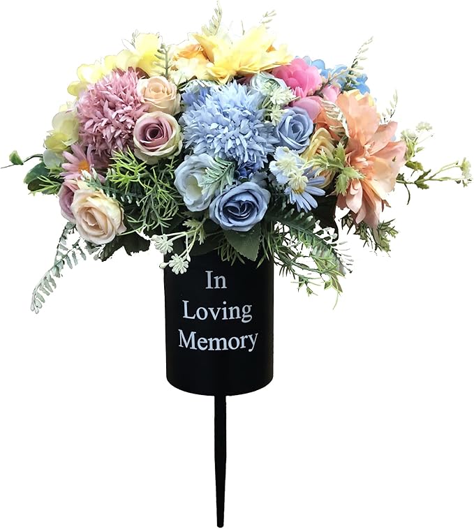 Metal Grave Memorial Vase Flower Holder in Ground Cemetery Vase Grave Decorations with Spikes and Floral Foam (Round) Black