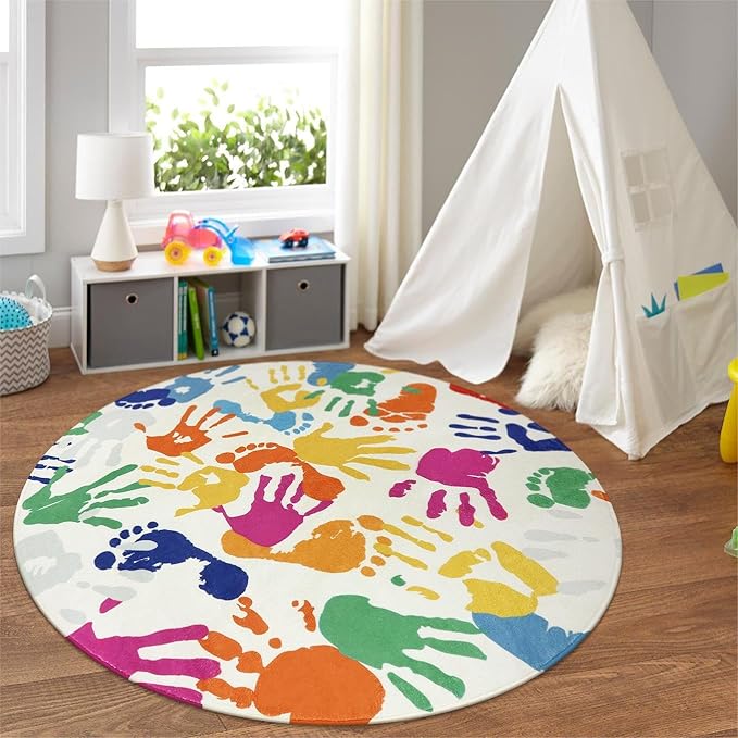 STARUIA Large Round Rug for Classroom, Nursery, Playroom, Kids Bedroom, Toy Room - 6' x 9', Handprint & Footprint Pattern, Vibrant Colors, Non-Slip Rubber Backing, Machine Washable