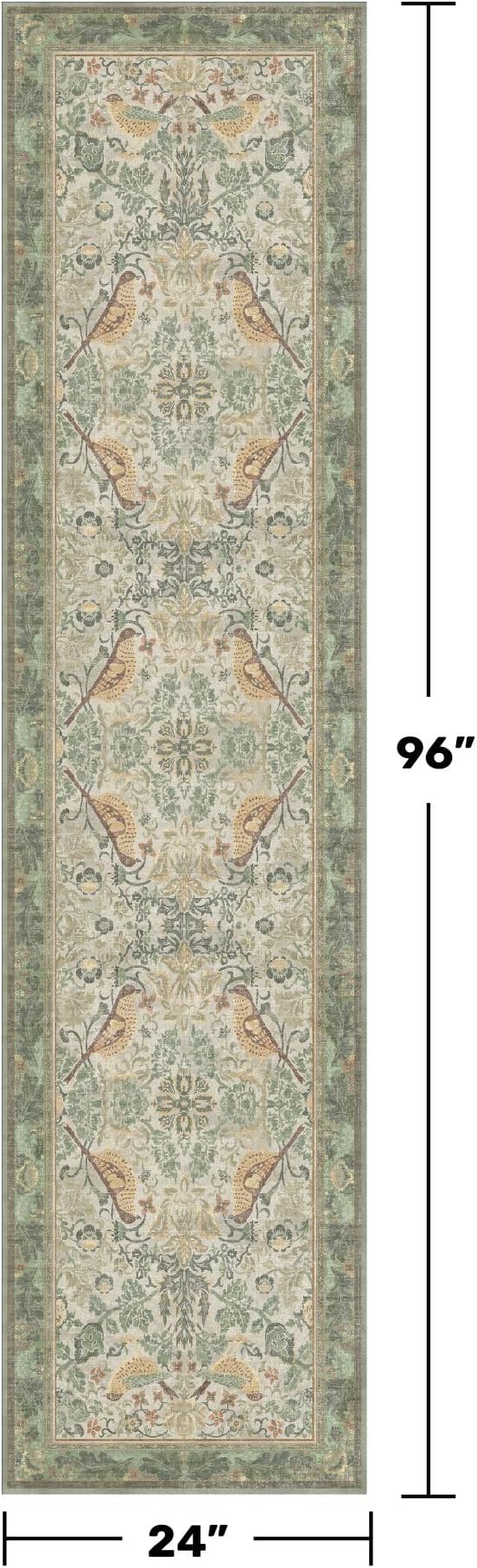 8ft Long Floral Kitchen Runners - Sage 2x8 Runner Rug for Hallway Bathroom Laundry Room Bedroom Beside Bed Entryway, Boho Birds Leaves Patterned Non Slip Low Pile Washable Rugs