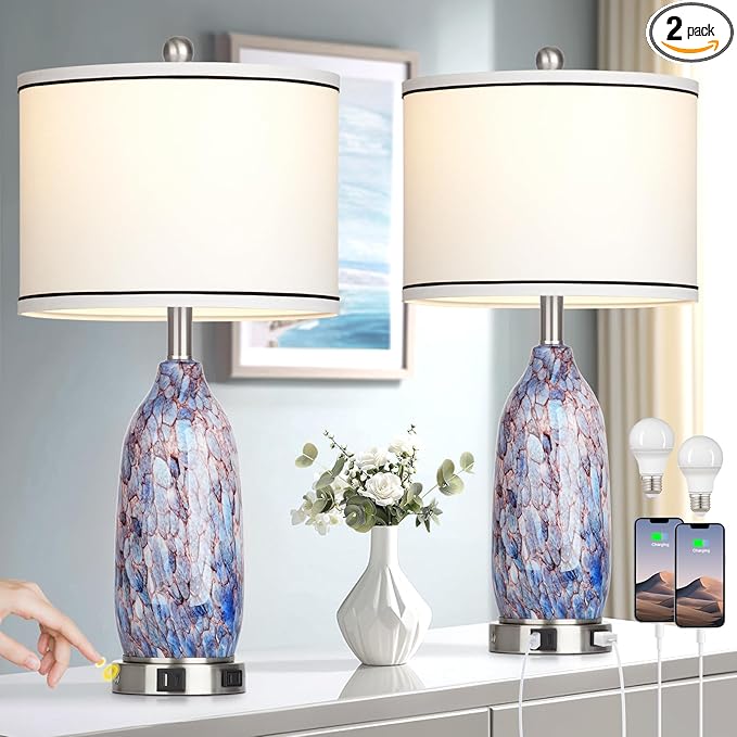 26" Coastal Glass Table Lamps Set of 2 for Living Room, 3 Way Touch Bedside Lamp for Bedroom, Nautical Beachy Lamp with USB A+C Ports and AC Outlet for Nightstand, 2 LED Bulbs Included