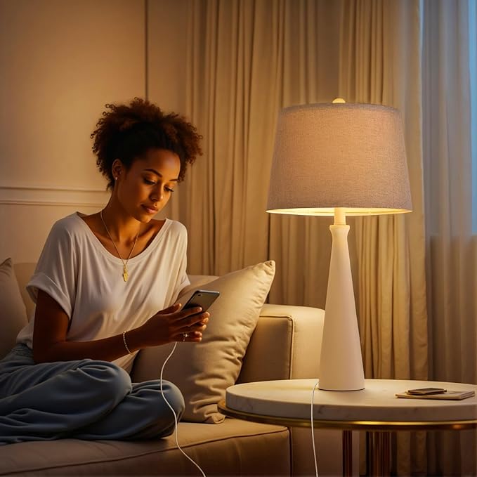 Oneach 25.75" White Table Lamp Set of 2, Modern Vintage Bedside Table Lamps with USB Ports, Traditional Nightstand Desk Lamps Set for Living Room Bedroom