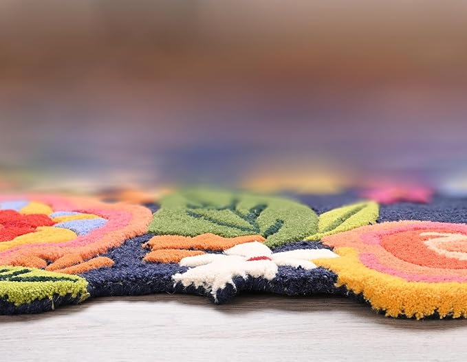Handmade Irregular Floral Wool Area Rug Vibrant Multicoloured Garden Flower Design Soft Plush Durable Thick Carpet for Living Room Bedroom (Navy Blue, 8 x 11 feet, Feet)