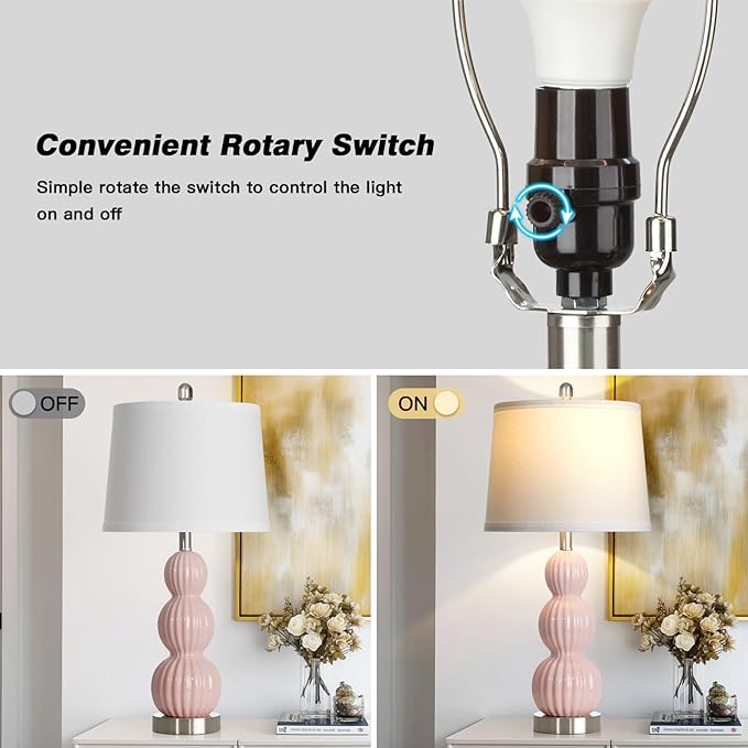 28" Pink Ceramic Table Lamps Set of 2, Modern Bedside Lamps for Night Stands, Triple Gourd Table Lamp for Living Room End Table or Bedroom Nightstand (2 LED Bulbs Included)