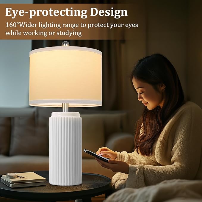 TOBUSA 23.5’’ Modern White Ceramic Lamps Set of 2, Living Room Retro Side Table Lamps, Farmhouse Bedside Nightstand White Lamps for Bedroom with Linen Shade, Elegant Decor Lamp Sets for Home Office
