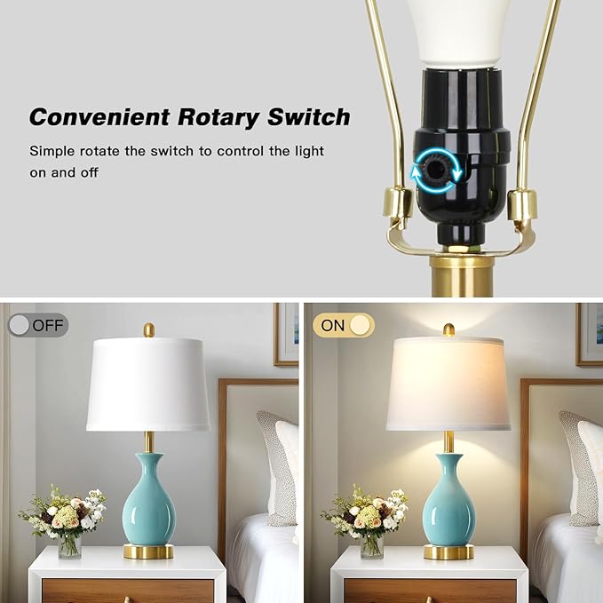 24" Bedroom Table Lamps Set of 2, Modern Classic Ceramic Lamps for Living Room, Small Bedside Table Lamp for Nightstand or End Table, Aqua Blue (2 LED Bulbs Included)