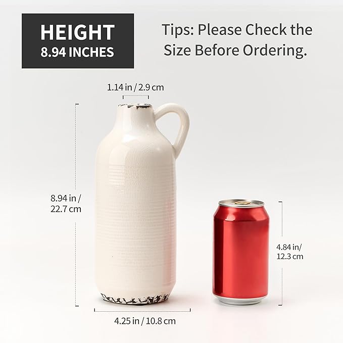 Ceramic Vase for Home Decor, Ice Crackle Aged White Vintage Vase with Handle, Decorative Flower Vase for Farmhouse, Living Room, Table, Fireplace, Nightstand - Ice Crackle White