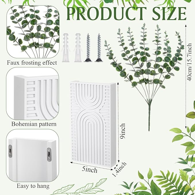 2 Pack Modern Farmhouse Wall Decor Wood Planter Vase with Artificial Eucalyptus Farmhouse Bohemian Hanging Wall Decor for Bathroom Dinning Room Living Room Hallway Bedroom(White)