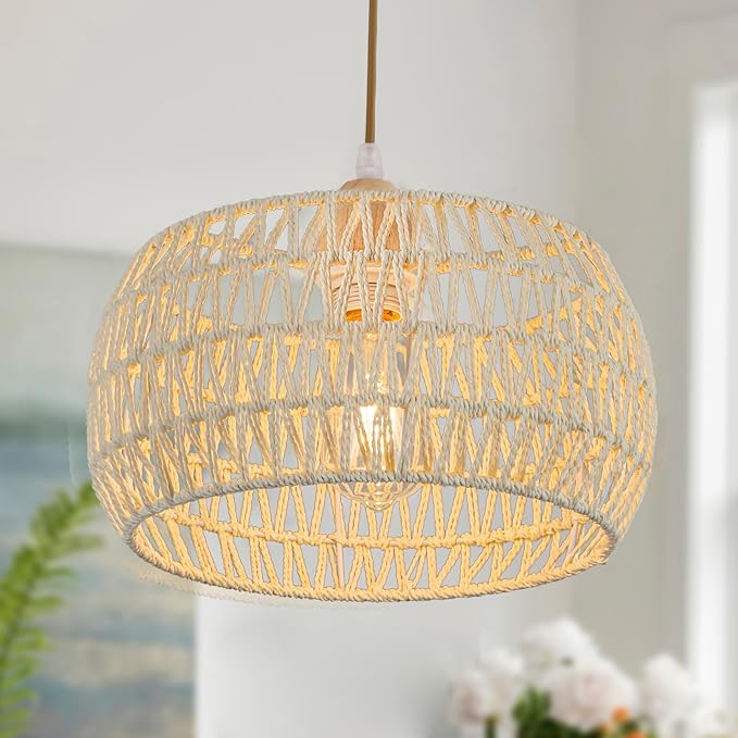 Rattan Pendant Light Fixture Drum Basket Chandelier Hanging Lights Cream White Boho Ceiling Lighting Flush Mount Ceiling Lights Woven Kitchen Chandeliers for Dinning Room Hallway Bedroom