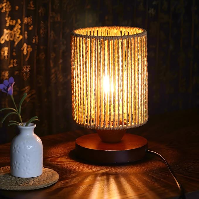 Rattan Table Lamp,Boho Small Beside Lamp,Farmhouse Table Lamp for Room Decor,Vintage Wicker Wooden Nightstand Bamboo Woven End Table Lamps for Bedroom Living Room Desk Kids Room,LED Bulb Included
