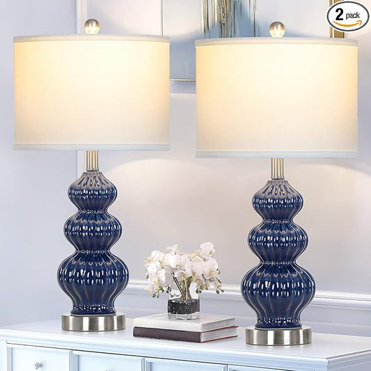 Triple Gourd Ceramic Table Lamps Set of 2, Modern Blue Bedside Lamps with Rotary Switch, Contemporary Nightstand Lamps for Bedroom Living Room
