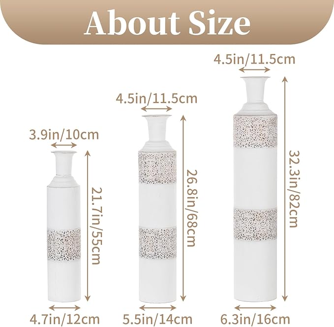 Sziqiqi Floor Vase Tall White Vases - Extra Large Metal Flower Vase Set of 3 Big Vases for Home Decor Living Room Decorative Vintage for Pampas Grass Feathers Twigs Branches Dried Flowers
