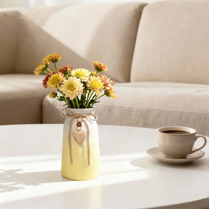 6-Inch Ceramic Flower Vase with Jute Rope & Heart Charm | Perfect for Boho, Farmhouse & Modern Home Décor, Yellow