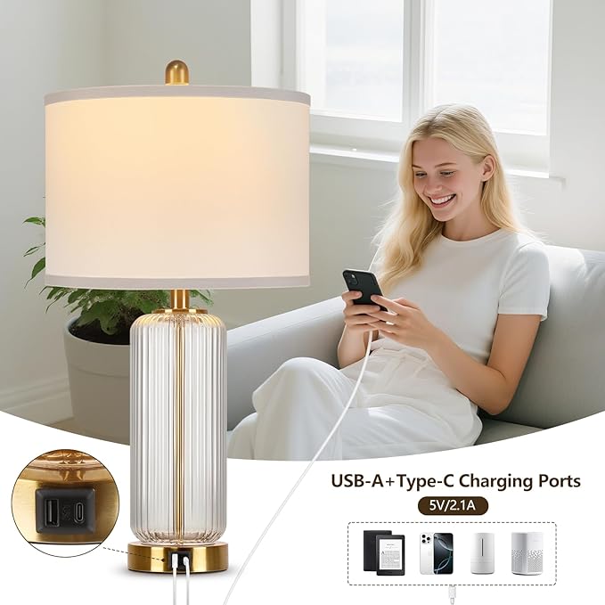 Table Lamps Set of 2 with Touch Control, 27" Modern Glass Bedside Lamps with USB A+C Ports, 3-Way Dimmable Nightstand Lamp with Vertical Grained Glass, Bedside Table Lamps, Desk Lamp for Bedroom