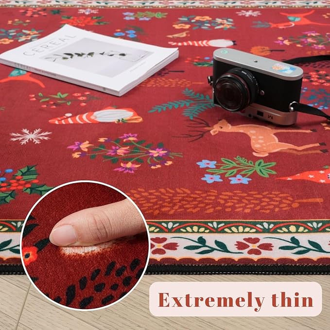 Rugcomf Christmas Round Rug 4ft – Red Santa Claus Area Rug, Machine Washable Non-Slip Low Pile Holiday Carpet for Entryway, Living Room, Bedroom, Dining Room, Kids, Bathroom, Office