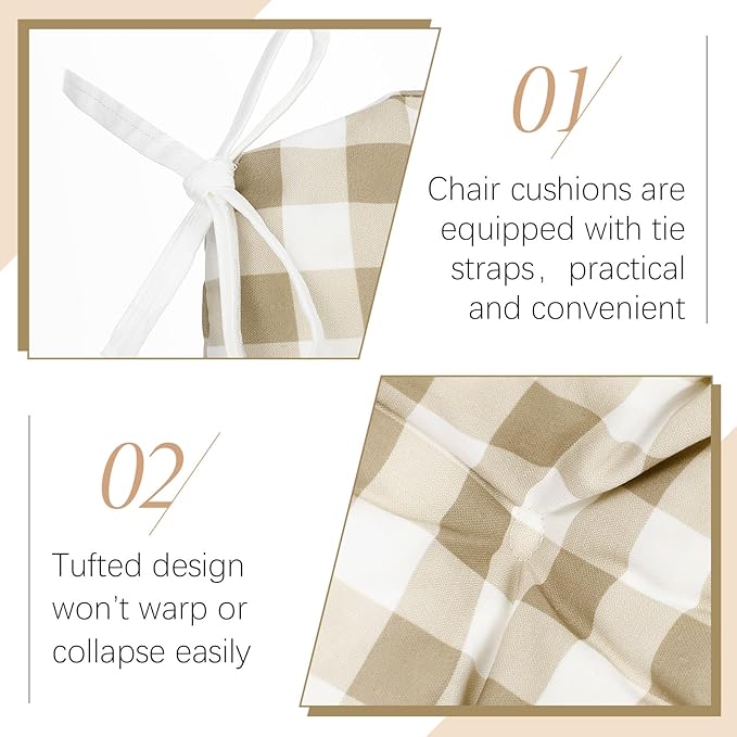 Geetery 4 Pack Chair Cushions for Dining Chair Kitchen Seat Pads with Ties Buffalo Plaid Soft Comfy Square Seat Pads for Home, Outdoor, Patio, Room (Khaki,White)