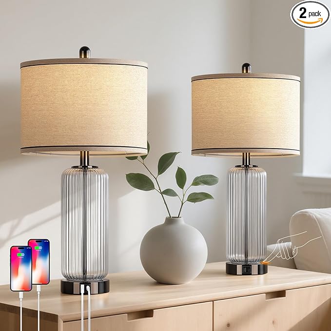 WIHTU Table Lamps Set of 2 with Vertical Grained Glass, 3-Way Dimmable Nightstand Lamp with Touch Control, 27" Modern Glass Bedside Lamps with USB A+C Ports, Glossy Black Desk Lamp for Bedroom