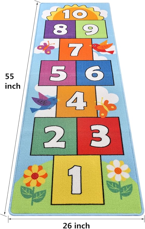 Hop and Count Hopscotch Rug, Kids Floor Play Area Rug Game Carpet Crawl Jump Mat, Children Numbers Learning Non-Slip Rug, Great for Ages 3 to 7 Boys Girls, Home Decor, 26''x55''