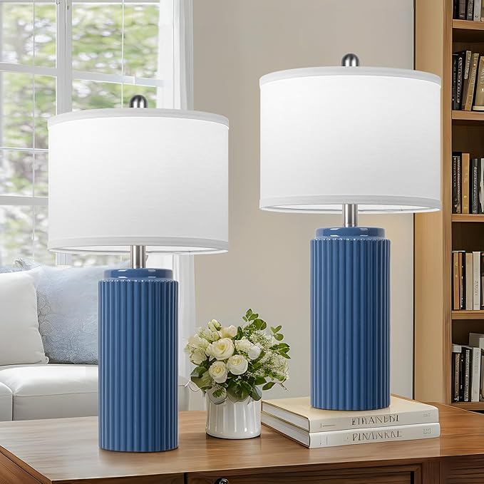TOBUSA 23.5’’ Blue Table Lamps for Bedroom Set of 2, Modern Farmhouse Ceramic Bedside Nightstand Lamps for Living Room, Decorative Boho Ceramic Lamps Set for Home Office End Table Console, White Shade