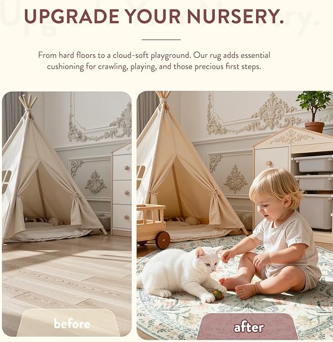 Lahome Purple 6 ft Circle Rug Washable, Floral Accent Round Rug for Girls Bedroom Decor, Non-Slip Accent Circular Carpet for Nursery Calm Corner Seating Area