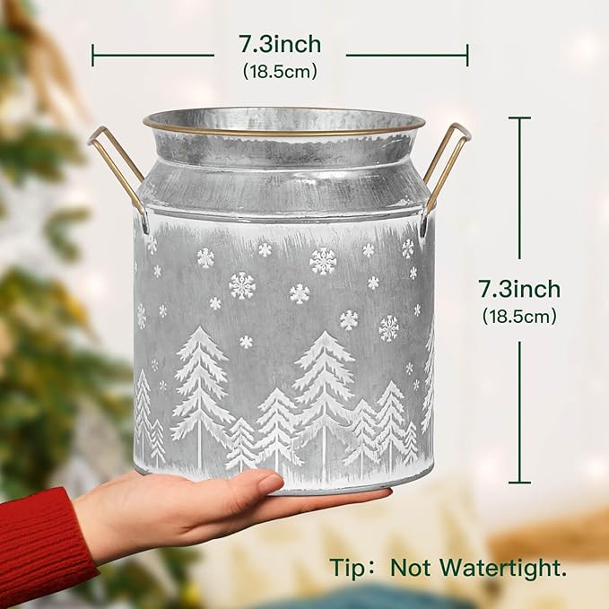 Putuo Decor Large Metal Milk Can with White Winter Forest Snowflake Design Rustic Farmhouse Holiday Vase with Gold Handles Vintage Christmas Décor for Festive Centerpieces Home Accents (Silver Grey)