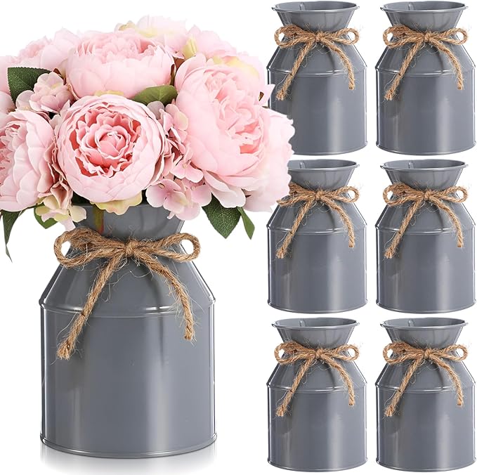Domensi 5.12 Inch Farmhouse Metal Flower Vase Decor Rustic Galvanized Milk Can Jug Vase with Bow Flower Buckets for Table Centerpiece Fall Halloween Wedding Home Dinging Room Decor(Gray,6 Pcs)