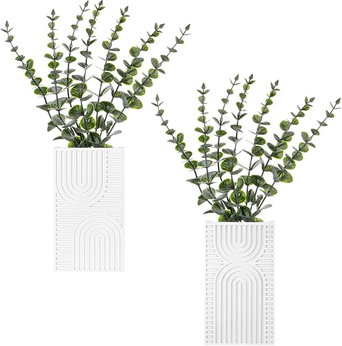 2 Pack Modern Farmhouse Wall Decor Wood Planter Vase with Artificial Eucalyptus Farmhouse Bohemian Hanging Wall Decor for Bathroom Dinning Room Living Room Hallway Bedroom(White)
