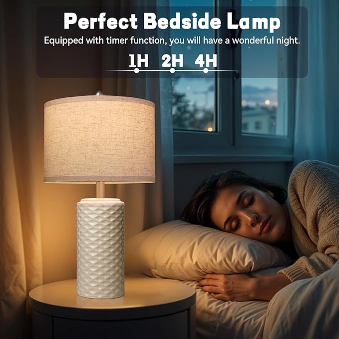 23" Bedside Lamps Set of 2, Dimmable Ceramic Table Lamps for Night Stands Modern Farmhouse Bedroom Lamps with Timer, Nightstand Table Lamps for Living Room End Table, Beige, LED Bulb Included