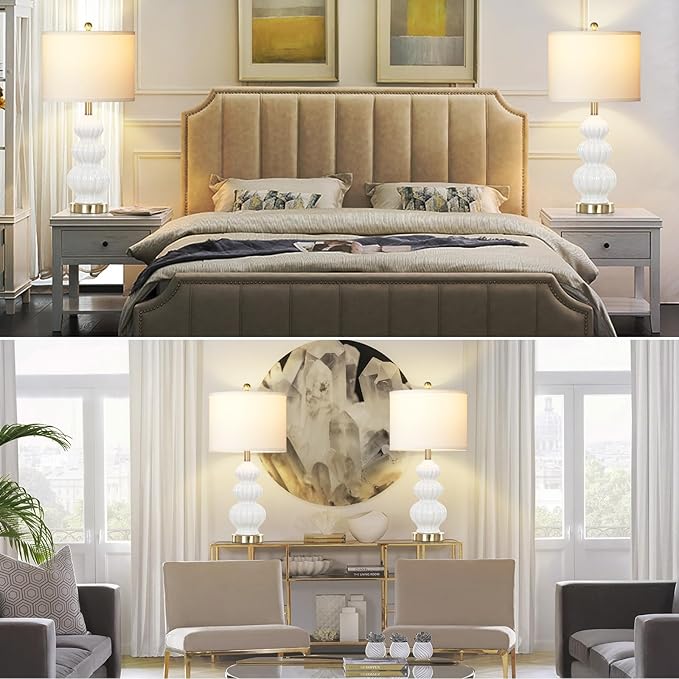 Triple Gourd Ceramic Table Lamps Set of 2, Modern White Bedside Lamps with Rotary Switch， Contemporary Nightstand Lamps for Bedroom Living Room